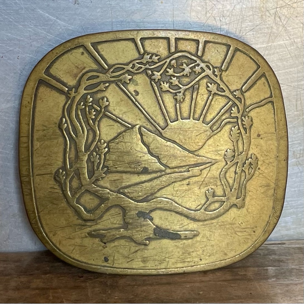 Vintage 70's Belt Buckle Solid Brass Tree of Life Sunrise Boho Hippie Art